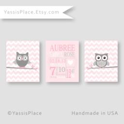 Owl Birth Stats, Pink & Gray Baby Girl Nursery Decor, Custom Subway Art, Birth Announcement, Pink Wall Art By Yassisplace - thumbnail 1
