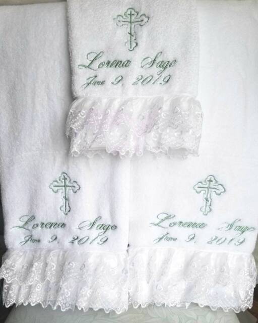 Personalized Baptism Towels & Oil Sheet For Greek Orthodox Baptism, Bath Towel, Embroidered With Lace - image 1