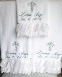 Personalized Baptism Towels & Oil Sheet For Greek Orthodox Baptism, Bath Towel, Embroidered With Lace - thumbnail 1