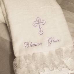 Personalized Baptism Towels & Oil Sheet For Greek Orthodox Baptism, Bath Towel, Embroidered With Lace - thumbnail 3