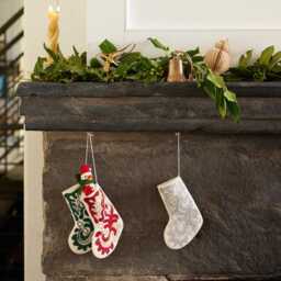 Mini Red & Gold Stocking Ornament, Hand-Embroidered Christmas Holiday Charm, Hand-Stitched Traditional Festive Decor - thumbnail 2