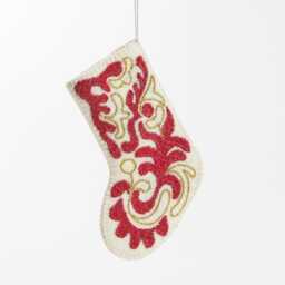 Mini Red & Gold Stocking Ornament, Hand-Embroidered Christmas Holiday Charm, Hand-Stitched Traditional Festive Decor - thumbnail 3