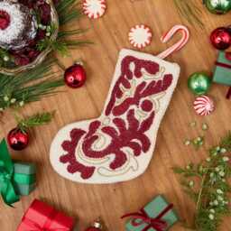 Mini Red & Gold Stocking Ornament, Hand-Embroidered Christmas Holiday Charm, Hand-Stitched Traditional Festive Decor