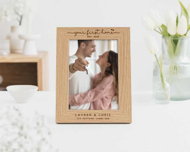 Your First Home Gift - Wooden Engraved Photo Frame Personalised Names & Address - image 1