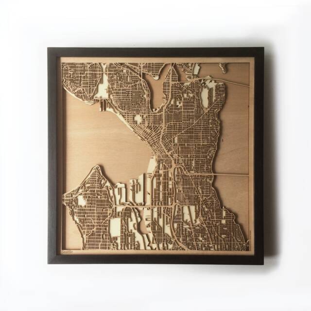 Laser Cut Wood Map Of Seattle - Framed 3D Minimalist Wall Art - image 1