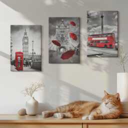 Canvas Set Of 3 Wall Art - London Views With A Red Umbrella & Bus, Photo Print, Travels Decor - thumbnail 3