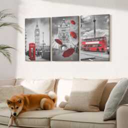 Canvas Set Of 3 Wall Art - London Views With A Red Umbrella & Bus, Photo Print, Travels Decor