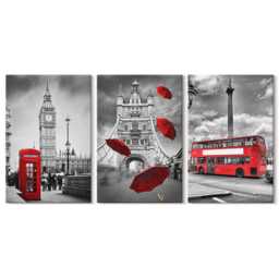 Canvas Set Of 3 Wall Art - London Views With A Red Umbrella & Bus, Photo Print, Travels Decor - thumbnail 2