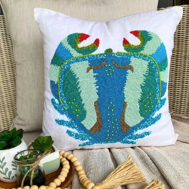 Beaded Blue Sea Creatures Pattern, Cotton Linen, Beach Style Throw Pillow Cover - Crab Craze - image 1