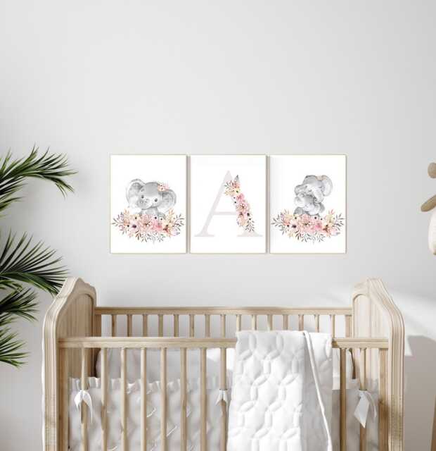 Elephant Floral Nursery Art Prints Boho Girl Decor - image 1