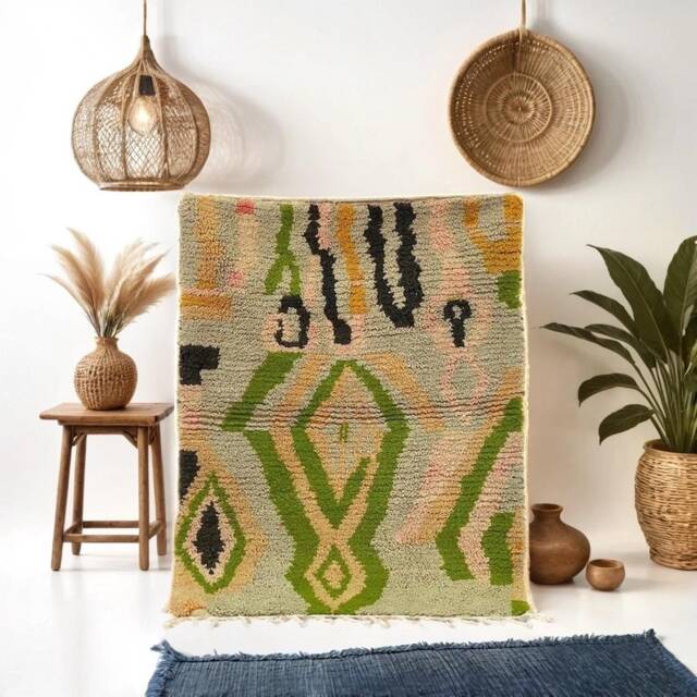 Green Beni Ourain Rug Abstract Berber Wool Carpet, Handmade Moroccan Decor - image 1