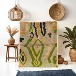 Green Beni Ourain Rug Abstract Berber Wool Carpet, Handmade Moroccan Decor - thumbnail 1