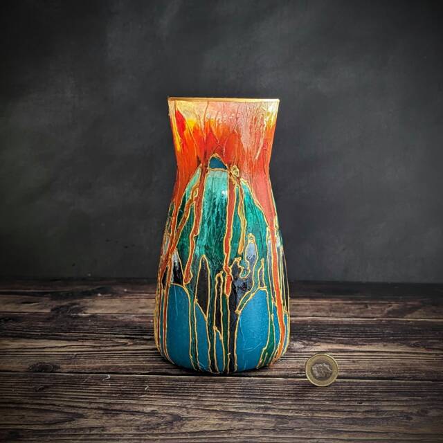 Colourful Vase - Unique Hand Painted Design Orange Green Turquoise Decor Modern Interiors Bright Home Vibrant Coloured Pot 20 cm/8 - image 1