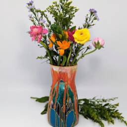 Colourful Vase - Unique Hand Painted Design Orange Green Turquoise Decor Modern Interiors Bright Home Vibrant Coloured Pot 20 cm/8 - thumbnail 2
