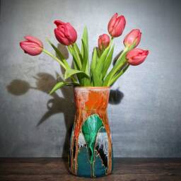 Colourful Vase - Unique Hand Painted Design Orange Green Turquoise Decor Modern Interiors Bright Home Vibrant Coloured Pot 20 cm/8 - thumbnail 3