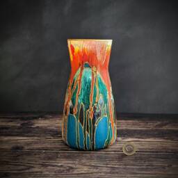 Colourful Vase - Unique Hand Painted Design Orange Green Turquoise Decor Modern Interiors Bright Home Vibrant Coloured Pot 20 cm/8 - thumbnail 1