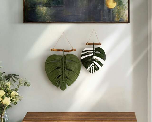 Monstera Leaves, Macrame Wall Hanging, Decor, Green Leaf, Art, Botanical Mother Day Gift L41 - image 1