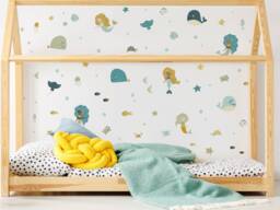 Mermaid & Whales Wall Sticker Pack, Mustard Blue Decal, Stickers For Walls, Themed Room, Underwater Decal - thumbnail 1
