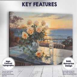 Romantic Rose Bouquet Coastal Sunset Seascape Painting Canvas Wall Art Print Decor Picture Ready To Hang - thumbnail 1