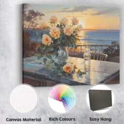 Romantic Rose Bouquet Coastal Sunset Seascape Painting Canvas Wall Art Print Decor Picture Ready To Hang - thumbnail 2