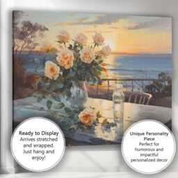Romantic Rose Bouquet Coastal Sunset Seascape Painting Canvas Wall Art Print Decor Picture Ready To Hang - thumbnail 3