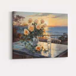 Romantic Rose Bouquet Coastal Sunset Seascape Painting Canvas Wall Art Print Decor Picture Ready To Hang - thumbnail 4