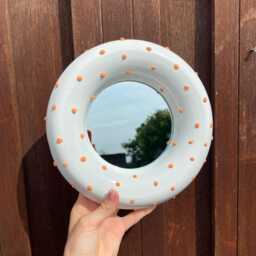 Round Ceramic Wall Mirror, White Mirror With Orange Dots, Handmade Polka Dot Colorful Bathroom Decor, Playful Art, Wedding Gift
