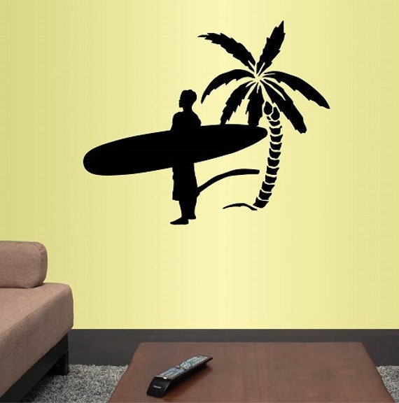 In-Style Decals Wall Vinyl Decal Home Decor Art Sticker Surfing Surfer Boy Man With Surfboard Palm Tree Beach Removable Mural Design 108 - image 1