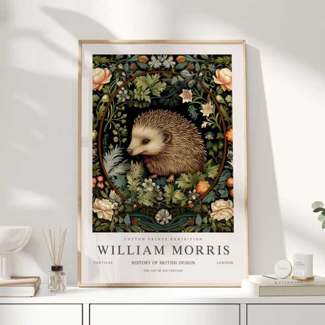 William Morris Print, Art, Exhibition Poster, Hedgehog Gifts, Present, Woodland Hedgehog, UK - image 1