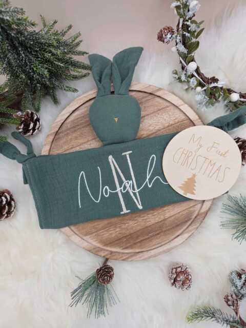 Personalised Christmas Baby Gift Set Bunny Comforter & Photo Sign - My First - image 1