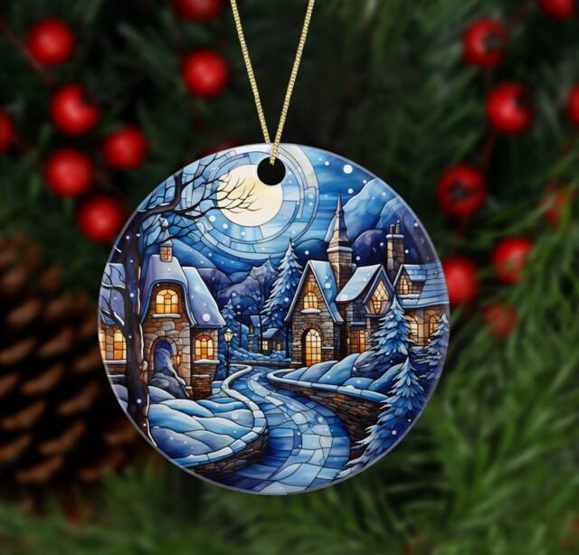 Christmas Tree Ornament - Ceramic Charm Stained Glass Effect Village Scene Snowy Secret Santa - image 1