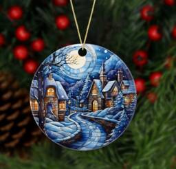 Christmas Tree Ornament - Ceramic Charm Stained Glass Effect Village Scene Snowy Secret Santa - thumbnail 1