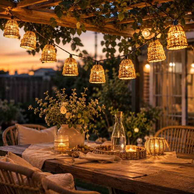 Battery Operated Rattan String Lights, Waterproof Boho Patio Warm White Garden Balcony Decor, 10 Led Outdoor Lanterns - image 1