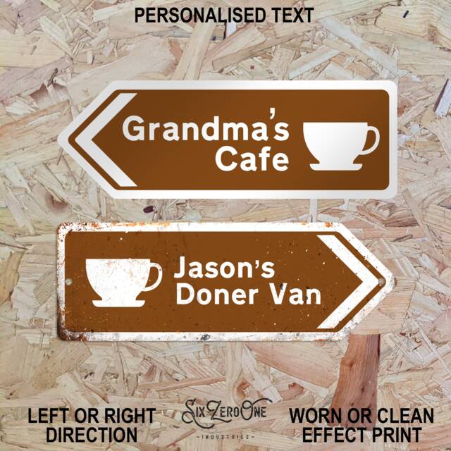 Personalised Cafe Arrow Metal Sign - Worn Or Clean Look Available Brown Direction This Way Road UK Refreshment Tea Coffee - image 1