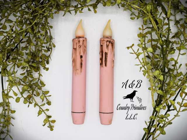 Set Of - 2 Two Grungy Pink 7 Inch Led Wax Dipped Taper Candles With Timer, Battery Operated Candles, Rustic Country Primitive Home Decor - image 1