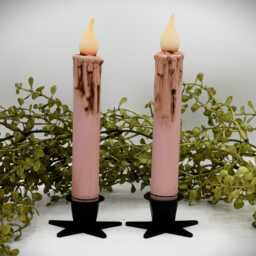 Set Of - 2 Two Grungy Pink 7 Inch Led Wax Dipped Taper Candles With Timer, Battery Operated Candles, Rustic Country Primitive Home Decor - thumbnail 2