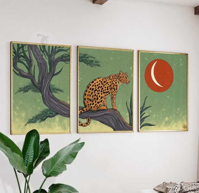 Leopard Wall Art Set Of 3 - Safari Animal Print in Green & Terracotta Jungle Wildlife Artwork Modern Boho Decor - image 1