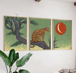 Leopard Wall Art Set Of 3 - Safari Animal Print in Green & Terracotta Jungle Wildlife Artwork Modern Boho Decor - thumbnail 1