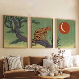 Leopard Wall Art Set Of 3 - Safari Animal Print in Green & Terracotta Jungle Wildlife Artwork Modern Boho Decor - thumbnail 3