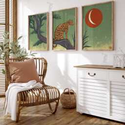 Leopard Wall Art Set Of 3 - Safari Animal Print in Green & Terracotta Jungle Wildlife Artwork Modern Boho Decor - thumbnail 2