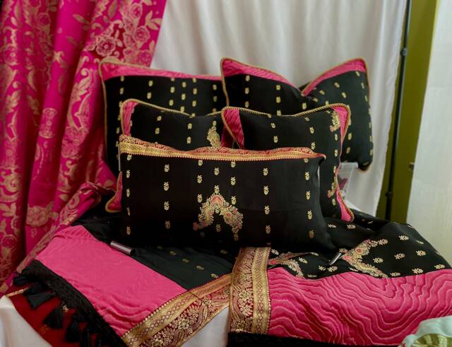 7 Pc, Bohemian Style, Pink Black, Embroidered Silk Satin Bedding Set, Bed Cover, Decorative Pillows, Fabric Headboard , By Jane Hall Design - image 1