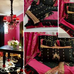 7 Pc, Bohemian Style, Pink Black, Embroidered Silk Satin Bedding Set, Bed Cover, Decorative Pillows, Fabric Headboard , By Jane Hall Design - thumbnail 2