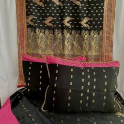 7 Pc, Bohemian Style, Pink Black, Embroidered Silk Satin Bedding Set, Bed Cover, Decorative Pillows, Fabric Headboard , By Jane Hall Design - thumbnail 3