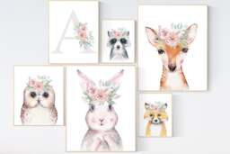 Woodland Nursery Animal Prints Bunny, Deer, Fox, Owl, Racoon - thumbnail 1