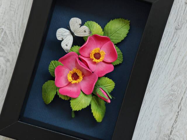 Pink Roses, Butterfly Decor - March Birth Flower Wild Rose Flowers Wall Art Nature Lover Gift Birthday Idea Dark Florals - image 1