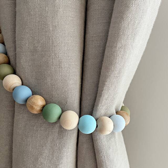 Blue & Green Wood Bead Curtain Tiebacks Farmhouse Drapery Holders - image 1