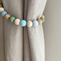 Blue & Green Wood Bead Curtain Tiebacks Farmhouse Drapery Holders - thumbnail 3