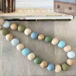 Blue & Green Wood Bead Curtain Tiebacks Farmhouse Drapery Holders - thumbnail 2