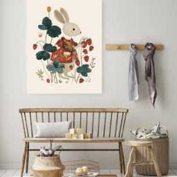 Vintage Style Rabbit Art Print, Cute Minimalist Nursery Wall Art, Strawberries Print, Kids Room, Animal For Children's Room - thumbnail 2