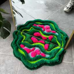 3D Tropical Leaves Handmade Tufted Rug - Botanical Textured Mirror Decor Jungle Inspired Fiber Art Carpet - thumbnail 3